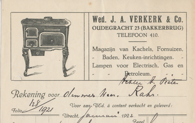 712169 Kop van een nota van de Wed. J.A. Verkerk & Co, Oudegracht [W.z.] 23 te Utrecht, Magazijn van Kachels, ...